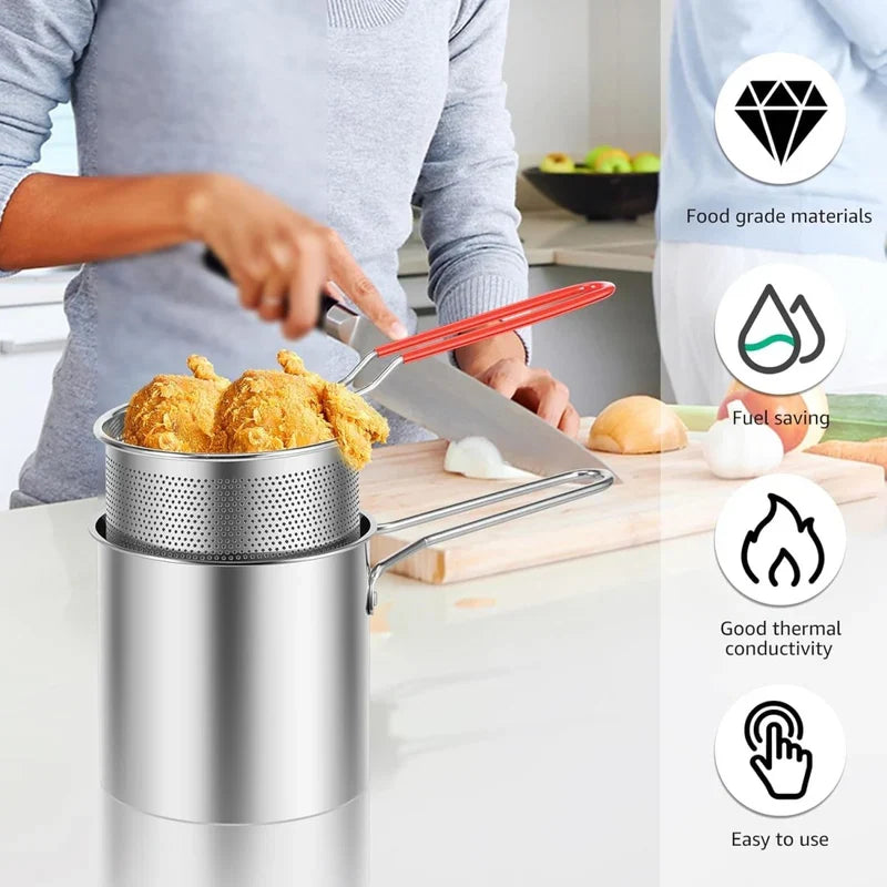 Stainless Steel Deep Fryer Pot with Strainer Basket
